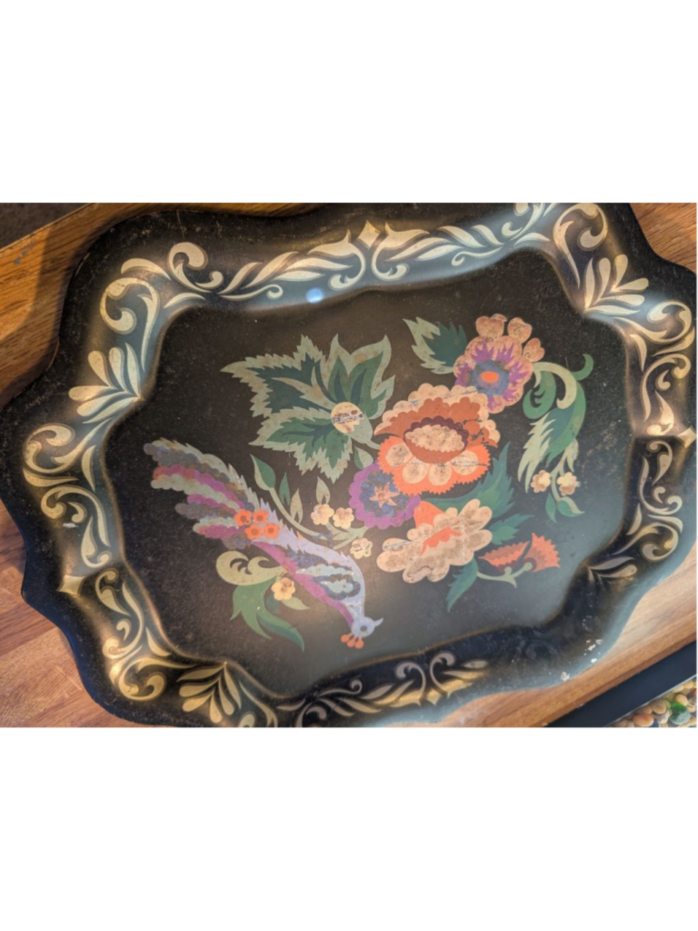 Vintage Black Gold Floral Bird Serveware Tray